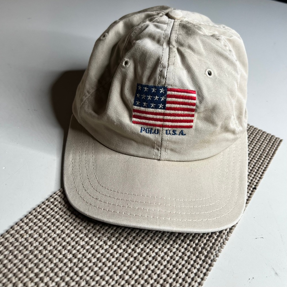 Polo Ralph Lauren USA Flag Hat Vintage Beige Tan Cotton Adjustable Strapback Cap
